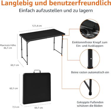 Розкладний стіл Storeo Basics, прямокутний, регульований по висоті в 4 напрямках з ручкою для перенесення, для використання в приміщенні та на вулиці, портативний, легкий, дорожній стіл, для пікніка, кемпінгу, чорний, 121,4 x 60,7 x 86,1 см, 1,2 м, митий 