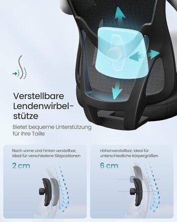 Ергономічне офісне крісло SONGMICS, стілець для роботи, комп&39ютерне крісло, регульований поперековий відділ та підголівник, вантажопідйомність до 150 кг, регульована висота, чорний колір OBN066BH01