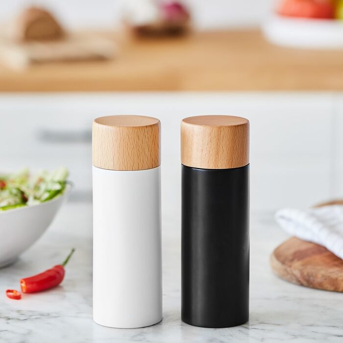 Набір млинів для солі та перцю 2 шт., Млин для березових спецій у скандинавському дизайні, регульований керамічний подрібнювач, подрібнювач, ненаповнений та багаторазовий - чорний/білий
