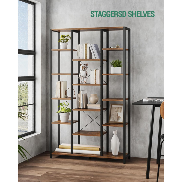Книжкова полиця Hzuaneri, стояча полиця з 6 рівнями та 15 полицями, регульовані відкриті полиці, для вітальні, офісу, спальні, 30 x 100 x 170 см, вінтажний коричнево-чорний, BC15001B 30 x 100 x 170 см вінтажний коричнево-чорний