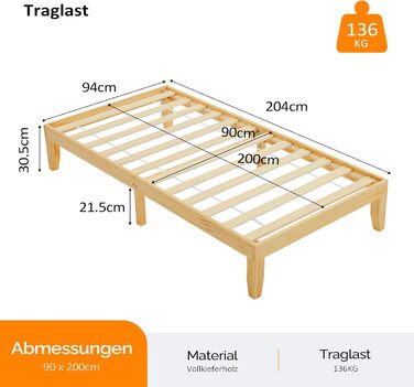 Дерев&39яне ліжко Bonnlo 90x200 см з рейковою основою, каркас ліжка натуральний, двоярусне ліжко зі 100 сосни