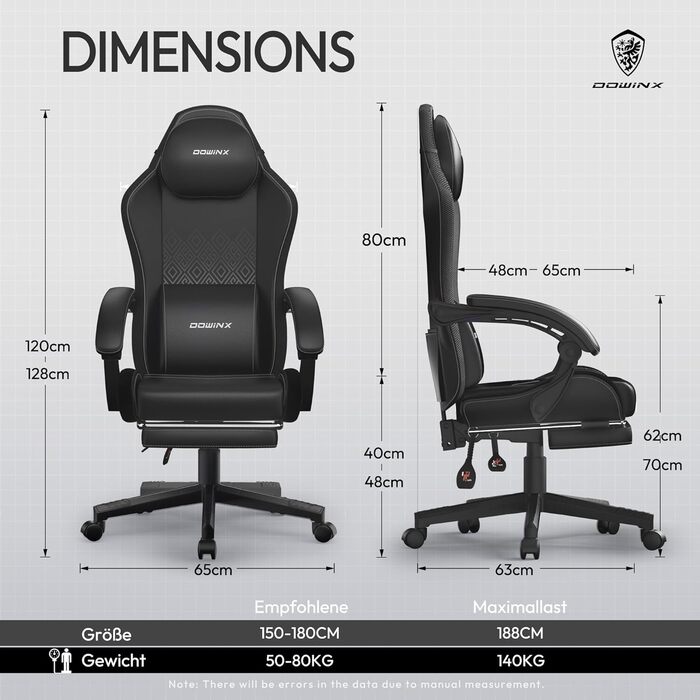Ігрове крісло Dowinx з RGB-підсвічуванням, світлодіодне ігрове крісло з підставкою для ніг для дорослих, ергономічне ігрове крісло з масажною поперековою опорою, крісло для відеоігор зі штучної шкіри чорного кольору