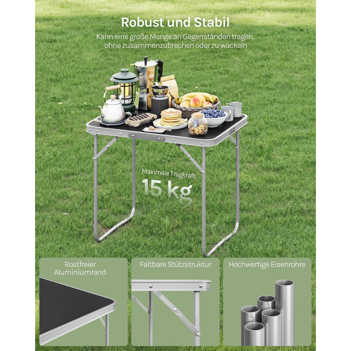 Кемпінговий стіл WOLTU з алюмінієвою рамою та ручкою, садовий стіл з МДФ, складний дорожній стіл, для пікніків, пляжу та використання на свіжому повітрі, 70 x 60 x 50 см (Ш x В x Г), чорний