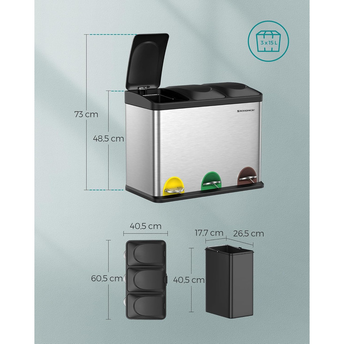 Відро для сміття кухонне, система розділення відходів 3 відділення, відро для сміття, металеве педальне відро на 45 л, 3 х 15 л, п