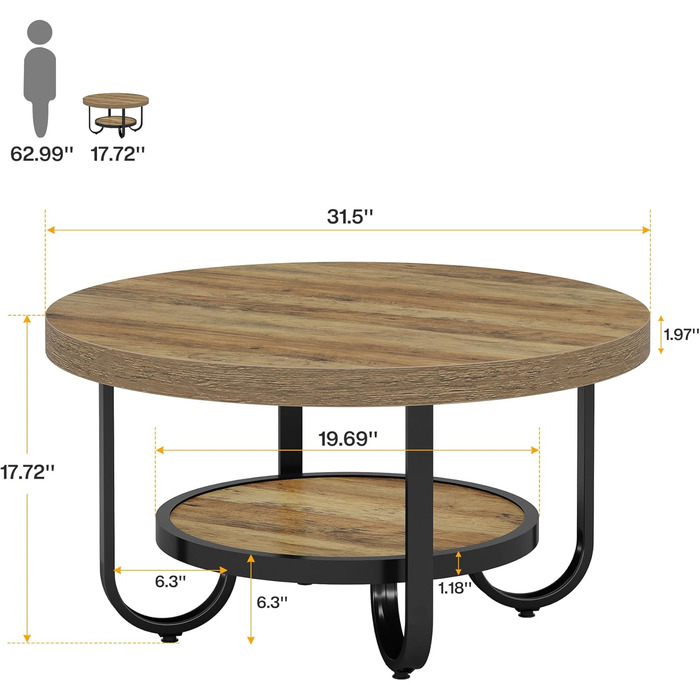 Круглий журнальний столик Tribesigns, промисловий 2-ярусний диван-столик з полицями для зберігання, центральний столик 79 см, бічний столик з міцними вигнутими металевими ніжками для вітальні, домашнього офісу (коричневий)