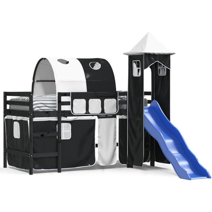 Меблі для дому Інструменти Дитяче ліжко-горище з вежею, біло-чорне, 90 x 200 см, масив дерева, сосна