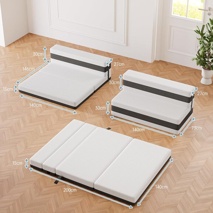 Розкладний матрац TeQsli Gel заввишки 15 см, гостьовий матрац, розкладний матрац із 4 предметів та диван-ліжко 3-в-1 з чохлом, який можна прати та знімати, сертифікований Oeko-Tex та CertiPUR (140x200x15 см)