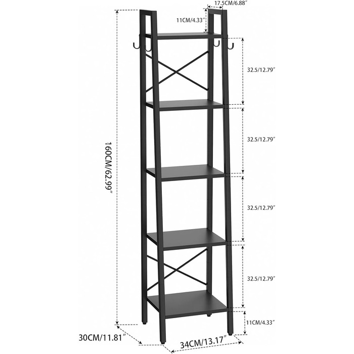 Книжкова полиця YMYNY, драбина, полиця своїми руками з 5 ярусами, міцна металева рама X-Metal, індустріальний стиль, багатофункціональна дерев&39яна полиця для вітальні, офісу, балкону, чорна HBC025B 5 ярусів 34 x 30 x 160 см Чорний