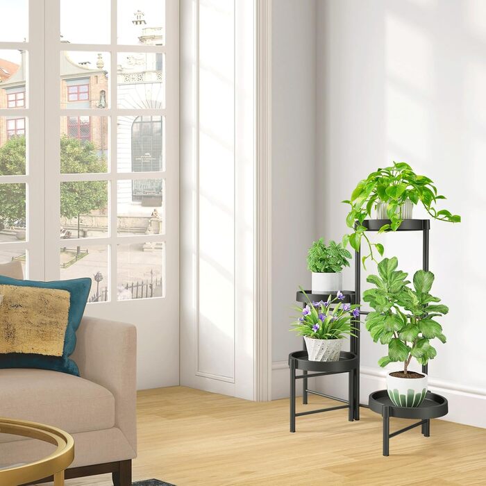 Підставка для рослин, металева підставка для квіткових горщиків з 4 ярусами, багаторівнева полиця для рослин, стійка для квітів, драбина для рослин для кута кімнати, вітальні, балкону, тераси, двору (4-ярусна, чорна)