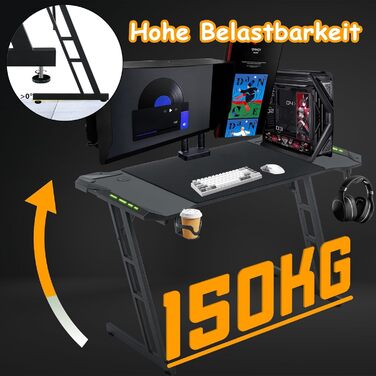 Ігровий стіл 120 x 60 см, Z-подібна рама для ігрового столу з RGB-підсвіткою, комп&39ютерний стіл з вуглецевим волокном, ергономічний ПК-стіл з гачком для навушників та підставкою для склянок, чорний 120 x 60 см, чорний з RGB-підсвіткою