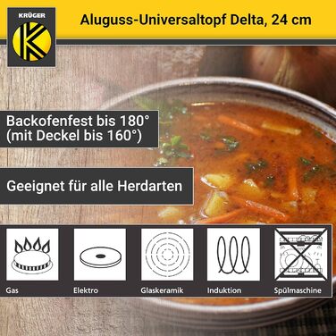 Лита алюмінієва універсальна каструля Krger Delta зі скляною кришкою - 24 см - каструля для приготування здорових та нежирних стра