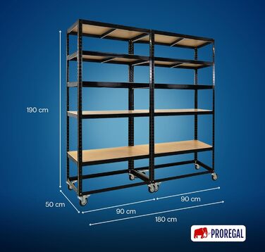 Комплектувальний візок BUFFALO Мобільний комплектувальний стелаж 192x90x50 см 5 полиць Навантаження на полицю 50 кг 2 шт. поворотні ролики та 2 шт. поворотні ролики з фіксуючим гальмом Чорна полиця на колесах Комплект візків для полиць з 2 предметів - 192