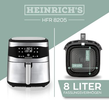 Фритюрниця HEINRICHS з нержавіючої сталі з цифровим світлодіодним дисплеєм РК-дисплей сенсорний, 8 програм 1800 Вт для фритюрниці без олії Фритюрниця Функція таймера фритюрниці, Heinrich (8 л XXL)