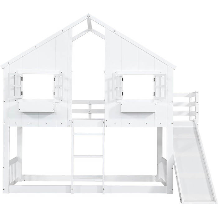 Дитяче двоярусне ліжко 90x200, ліжко-горище, ліжко-будиночок з гіркою, драбиною, вікнами, дахом та ящиком для зберігання, двоярусне ліжко, дерев&39яне ліжко, дитяче ліжко з рейковою основою та поручнями, сосна, без матраца, білий колір
