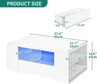 Білий журнальний столик YITAHOME, глянцевий стіл для вітальні з 16-кольоровим світлодіодним підсвічуванням, сучасний бічний столик з відкритою полицею та 2 висувними шухлядами, 95 x 55 x 37 см