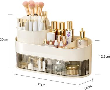 Органайзер для макіяжу з 1 шухлядою, обертовим органайзером для косметики та відділенням з тримачем для пензлів для макіяжу, що обертається на 360, для спальні та ванної кімнати, стандартні стільниці для туалетного столика