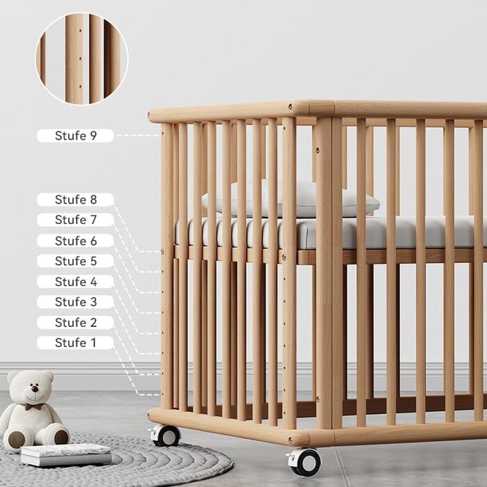 Дитяче ліжко 6-в-1, що трансформується в приліжкове ліжечко, ліжечко, колиска, дитячий стіл, диван-ліжко, нефарбований бук, регулювання висоти у 8 напрямках