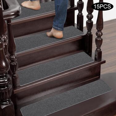 Самоклеючих сходинок, прямокутний килим для сходів у приміщенні, нековзний та шумопоглинаючий, поліестеровий килим для сходів, який можна прати та різати, 20,3x76 см (сірий), 15