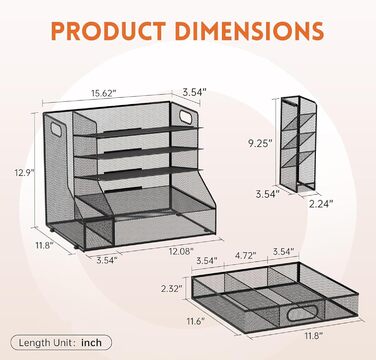 Органайзер для лотка для паперу з сітчастим тримачем для файлів, 5-ярусний настільний аксесуар та органайзер для офісного приладдя, чорний з тримачем для ручок