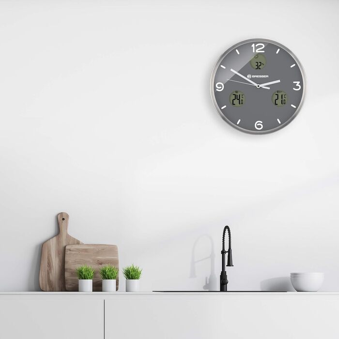 Радіокерований настінний годинник Bresser MyTime io NX з термометром та гігрометром, 30 см, сірий (нова версія), 8020211MGU000