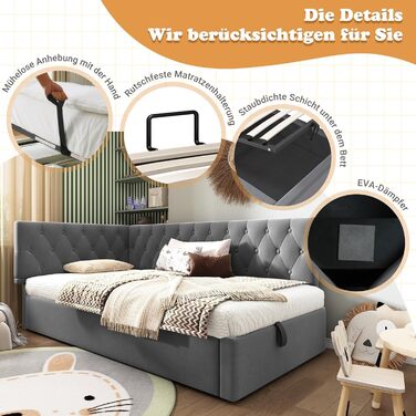 М&39яке ліжко, односпальне ліжко, дитяче ліжко 90x200 см, диван-ліжко/кушетка з гідравлічним відділенням для зберігання, кушетка/дитяче ліжко, каркас ліжка зі спинкою та рейковою основою з дерева, оксамит, без матраца (сірий)