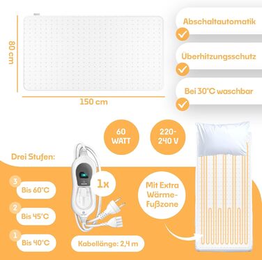 Підлога KESSER з підігрівом 150x80 см з автоматичним вимкненням та дистанційним керуванням Підлога з 3 температурними режимами Підігрів наматрацника М&39яка флісова підігріта ковдра, біла, 150 x 80 см - однотонна