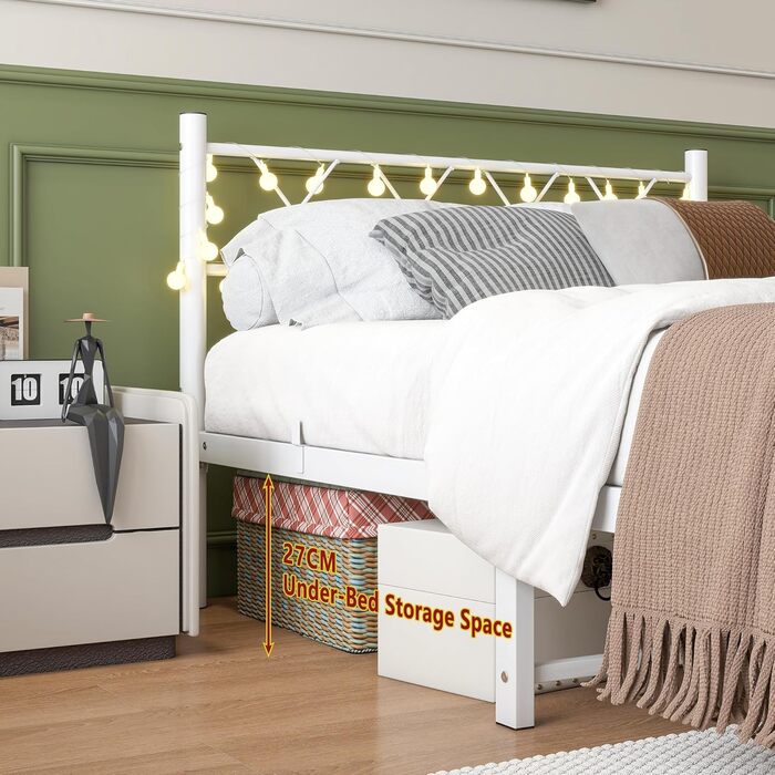 Каркас ліжка HOJINLINERO 120x200 з підсвічуванням, Ліжко 120x200 з рейковою основою, Металевий каркас ліжка, Металеве двоспальне ліжко, Гостьове ліжко, Дитяче ліжко з місцем для зберігання під ліжком для спальні, Біле