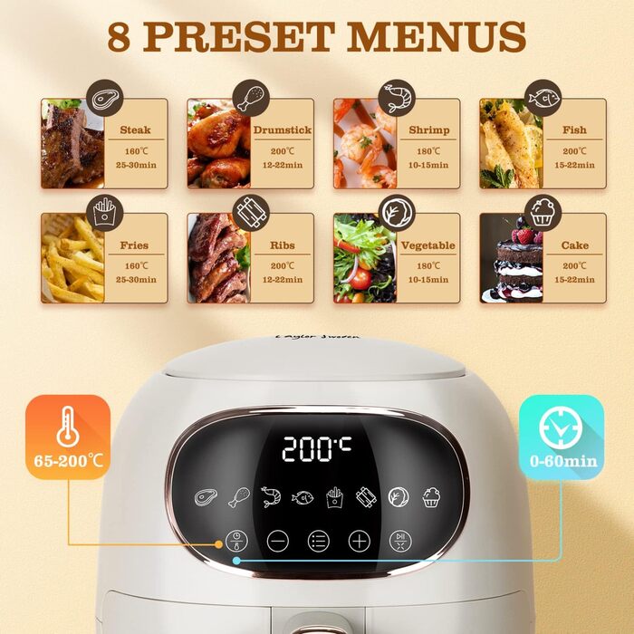 Фритюрниця, компактна техно-фритюрниця 3 л, 1300 Вт, 8 попередньо встановлених меню, LED-дисплей, електронний сенсорний екран, кошик для смаження з антипригарним покриттям, білий
