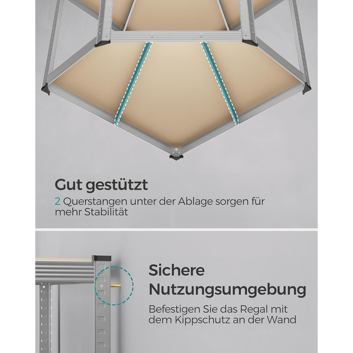 Кутова полиця SONGMICS, 5 ярусів, міцна полиця, металева, полиця для гаража, комори, полиця для підвалу, вантажопідйомність до 875 кг, сріблясто-натурально-бежевий GLR080E01 сріблястий натуральний бежевий
