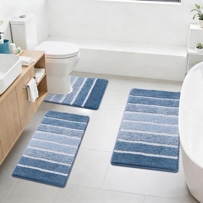Комплект килимків для ванної SHACOS, 3 предмети, нековзний килимок для ванної, синій, м&39які килимки для ванної, водопоглинаючий килимок для душу, комплект килимків для ванної, що миються, 40x6050x8050x60 см, 40x6050x80U50x60 см, синій