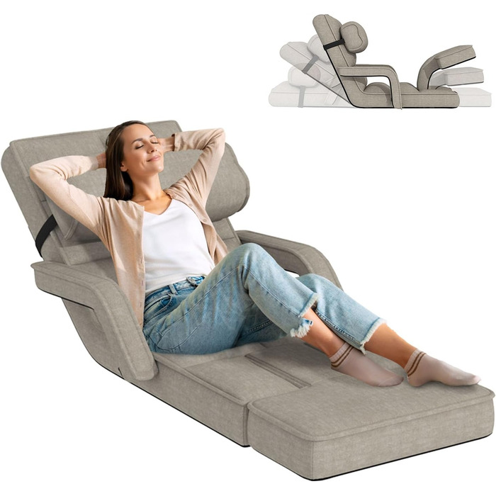 Крісло UNIONLINE, регульоване складне ігрове крісло з підлокітниками, подушкою та підставкою для ніг, одне крісло, ліжко для спальні, для дому, офісу, бежевий