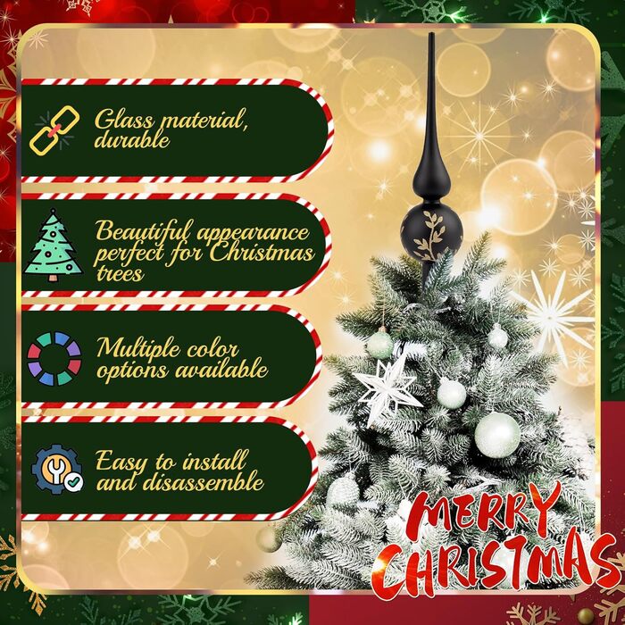 Скляна новорічна верхівка для ялинки 26 см чорна-золотиска Hukermoon