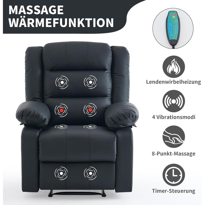 Крісло для телевізора з функцією відкидання спинки, масажне крісло з функцією підігріву, крісло-реклайнер з функцією відкидання спинки, крісло для вітальні, зручне крісло для читання, крісло для відпочинку з ручним керуванням (чорне) Чорне ручне керування