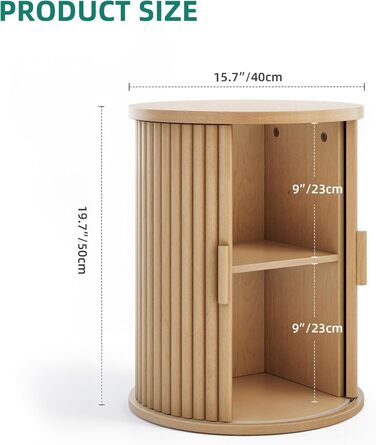 Круглий стіл YITAHOME з шафою з розсувними дверима, бічний столик з 2-ярусною полицею для зберігання для спальні, їдальні, вітальні, домашнього офісу або квартири, невеликий журнальний столик/тумбочка, світлий дуб
