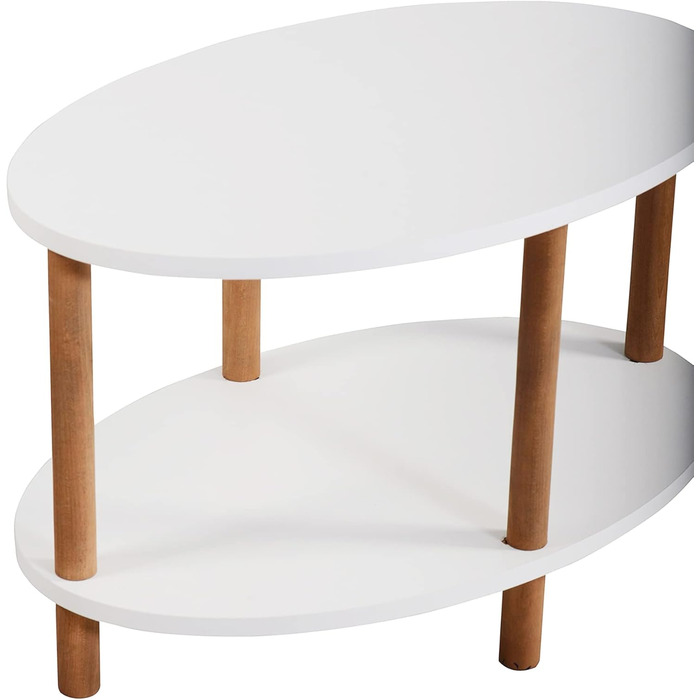Журнальний столик Højreby, овальний диван-столик з 1 полицею, вітальня, 70 x 44 x 43 см, ніжки з бука, білий