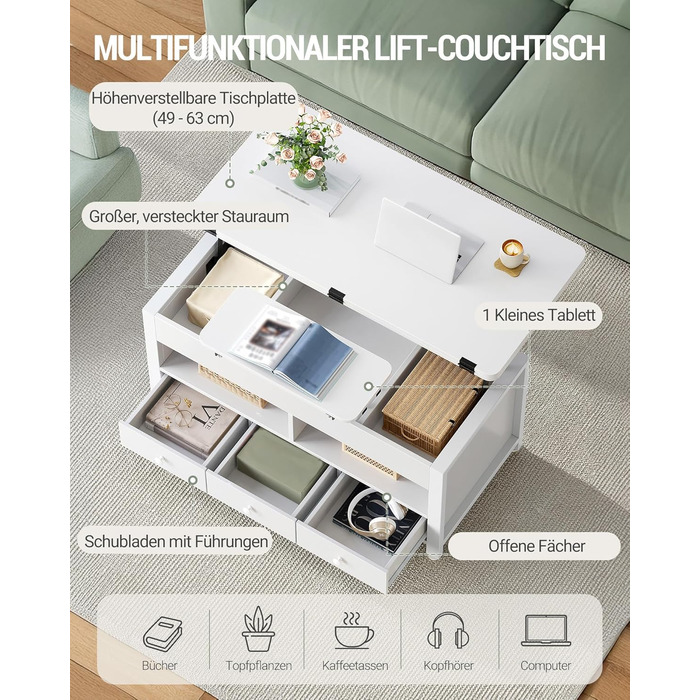Журнальний столик Hzuaneri, стіл для вітальні з регульованою висотою, 3 шухлядами та 2 відділеннями, 50 100 47 см, журнальний столик з відділенням, що трансформується в обідній стіл, для вітальні, домашнього офісу, білий CT22203W