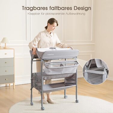 Портативний пеленальний столик Maydolly, багатофункціональний складний пеленальний столик, регульована висота з колесами та 2 кошиками для зберігання, водонепроникна подушка для пеленання, сірий