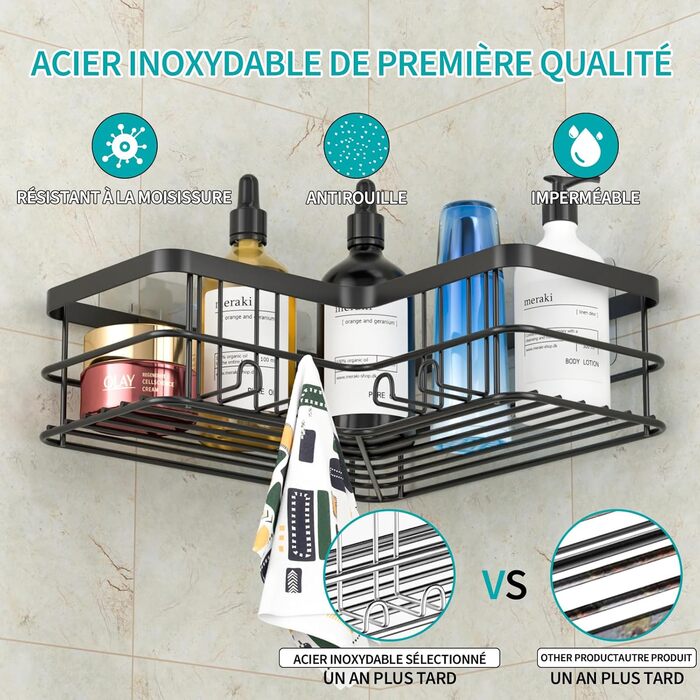 Душова полиця Yazoni без свердління 2 шт. - Душова полиця кутова з гачком, душова полиця з нержавіючої сталі для ванної кімнати та