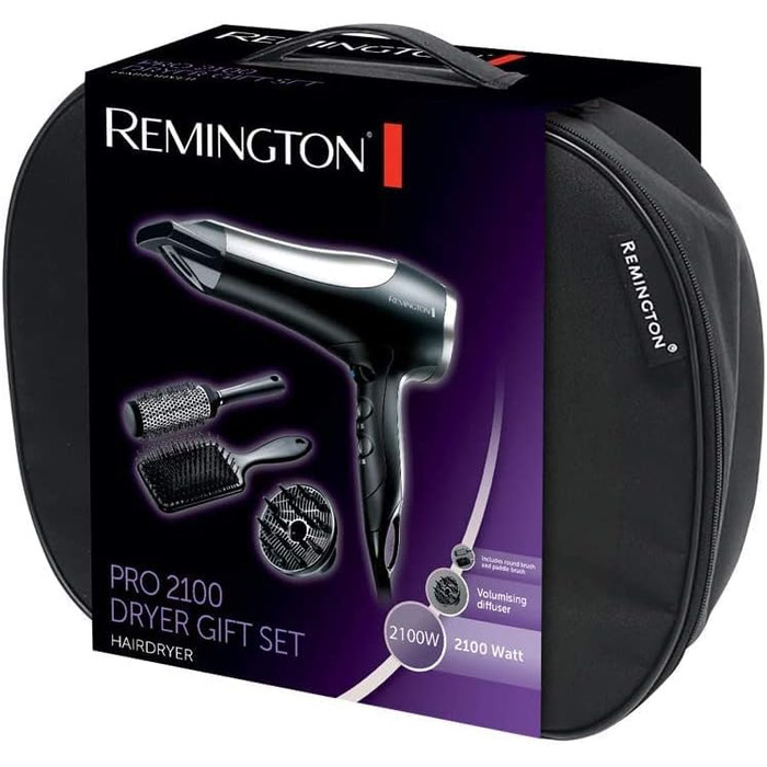 Подарунковий набір фенів Remington з іонізацією D5017, 2100 Вт, з насадками-концентратором, диффузором, плоскою та термощіткою, чорний/сріблястий