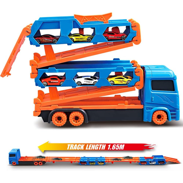 Іграшкові машинки VATOS Transport Truck для хлопчиків 3, 4, 5, 6 років, портативна іграшкова вантажівка на гоночній трасі з 6 гоно