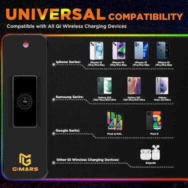 Килимок для миші Gimars Upgrade Gaming RGB, бездротова швидка зарядка 15 Вт, 800x300x5 мм, XXL килимок для миші з 10 кольорами світлодіодного підсвічування, великий світлодіодний килимок для миші, ігровий аксесуар з гладкою поверхнею, нековзна гумова осно