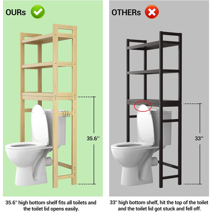 Для туалету, 3-рівнева бамбукова полиця для ванної кімнати з 3 гачками, над унітазом полиця-органайзер, окремостояча, для невеликих приміщень, туалету, пральні, легка збірка, натуральний матеріал