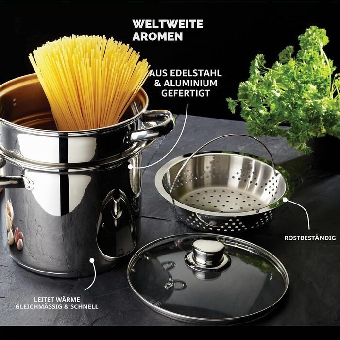 Каструля для пасти KitchenCraft World of Flavours з дуршлагом та паровою корзиною для овочів у подарунковій коробці, нержавіюча сталь, під індукцію, 4 л