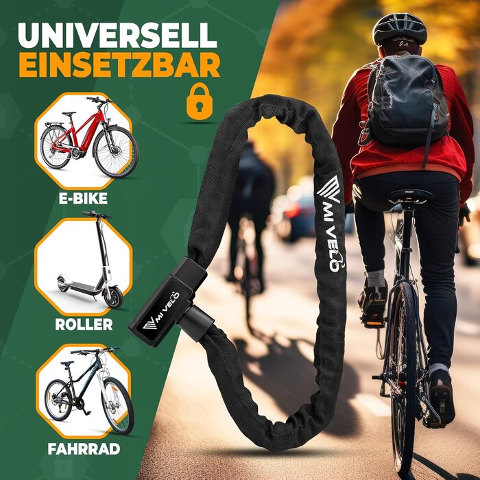Ланцюговий замок для велосипеда MIVELO, високий рівень безпеки, довжина 100 см, велосипедний замок із загартованої сталі 8 мм, I замок на колесо, ідеально підходить для електровелосипедів, гірських велосипедів та гоночних велосипедів, I замок на велосипед