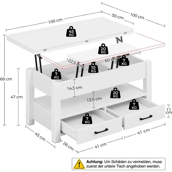 Журнальний столик Rolanstar з регульованою висотою, стіл для вітальні з шухлядою та прихованим відділенням, який трансформується в обідній стіл, дерев&39яний диван-столик 100 x 50 см, білий