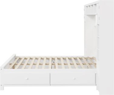 Настінне ліжко 140x200, настінне ліжко з рейковою основою, ліжко-мерфі з 4 шухлядами та великою шафою для зберігання, ліжко з масиву дерева, двоспальне ліжко, каркас ліжка (білий) A-white