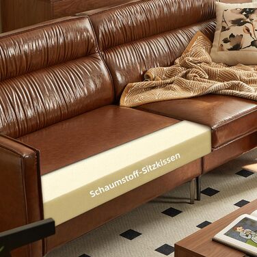 Місний диван під вінтажну шкіру Компактний диван зі штучної шкіри з ґудзиками, металевими ніжками та прямими підлокітниками, коричневий Ретро-диван для вітальні, офісу або невеликої квартири (гладка версія) 220 см гладка версія, 3-