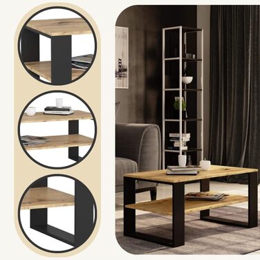 Дерев&39яний журнальний столик AKORD Alex з однією полицею, 92x45x53 см, для вітальні, спальні, шафи, мінімалістичний сучасний дизайн, ламінат 16 мм, оздоблення Artisan Oak & Black