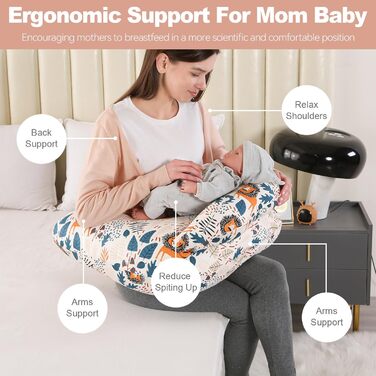 Подушка для годування, подушка для вагітних, багатофункціональна подушка для годування материнства з регульованим поясним ременем та захисними поручнями, чохол зі 100 бавовни (лев)