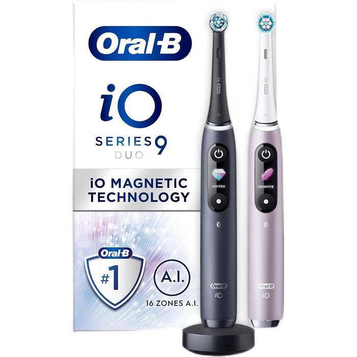 Акумуляторні електричні зубні щітки Oral-B iO 9, чорно-рожева ручка, Bluetooth з революційною магнітною технологією, 3 щітки, 1 дорожній кейс